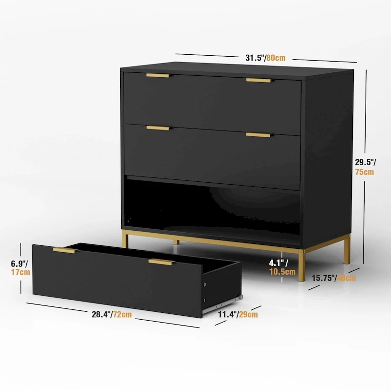 31.5 W 3-Drawer Black Dresser Modern Wood Chest of Drawers Storage Organizer for Bedroom
