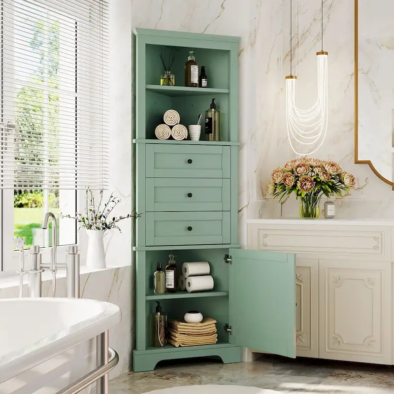69 Tall Wood 1-door Bathroom Cabinet in Green with Adjustable Shelf