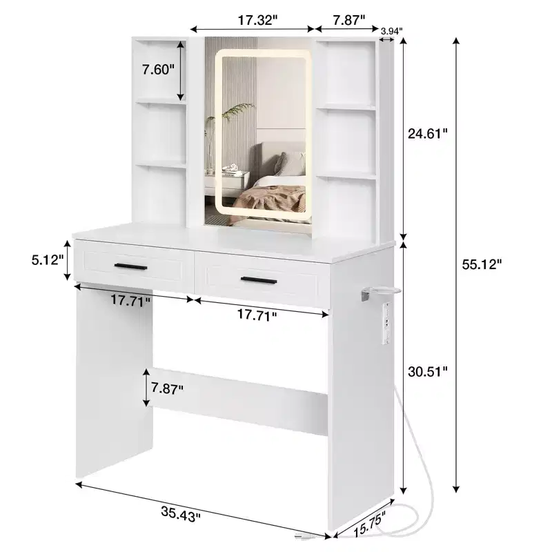 Hommpa Makeup Desk Vanity with Charging Station and Storage Shelves White Basic