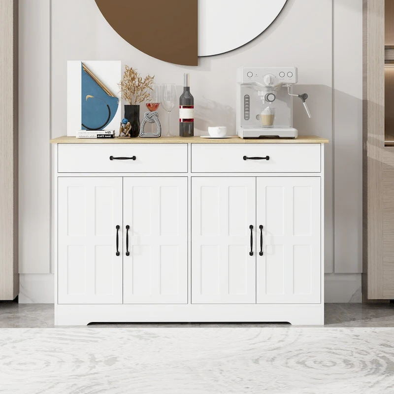 47.95 Farmhouse Buffet Cabinet Storage Sideboard with 2 Drawers and 4 Doors for Dining Living Room Kitchen Cupboard-White