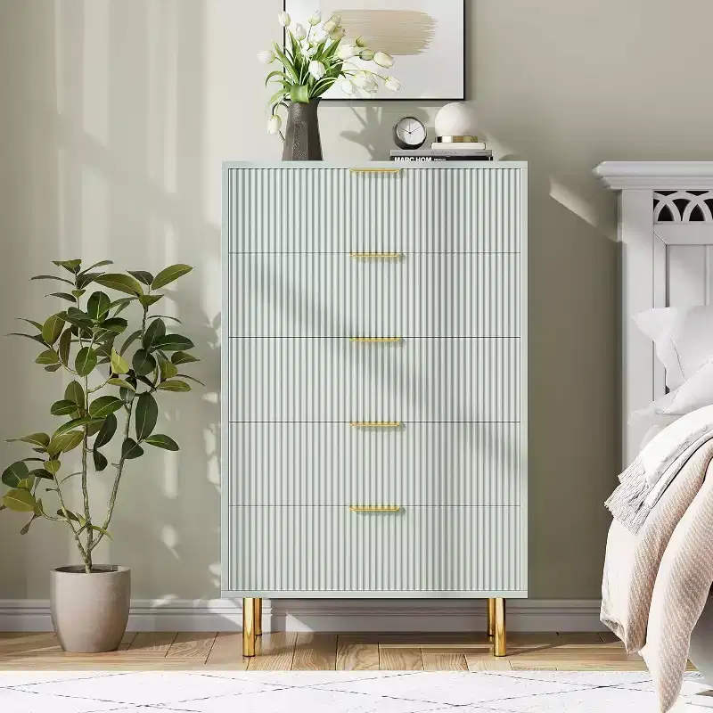 Modern Wood Drawer Dresser with Gold Handles, Tall Storage Cabinet for Efficient Storage, Chest of Drawers Organizer for Bedroom, Living Room