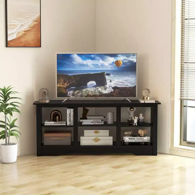 Costway 58 TV Stand with 6 Open Storage Shelves Shelf for 18 inch Fireplace(not included) Black/Grey
