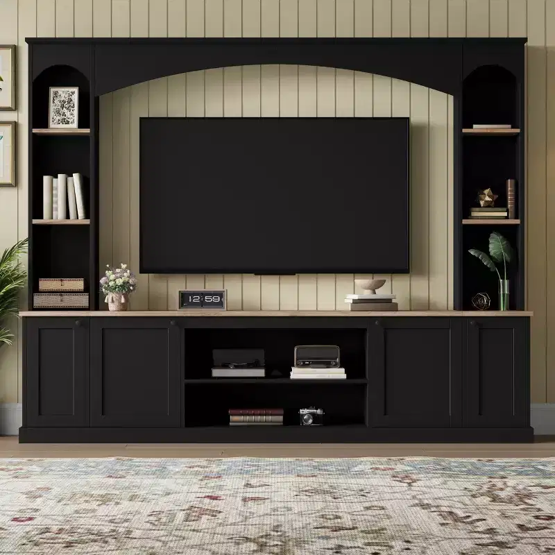 Clihome Arched Entertainment Center Wall Unit with Bookshelf and Adjustable Shelves for Living Room