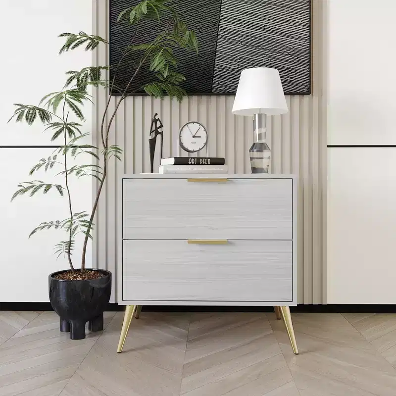 2-Drawer Nightstand with Gold Legs and Handles, Solid Wood