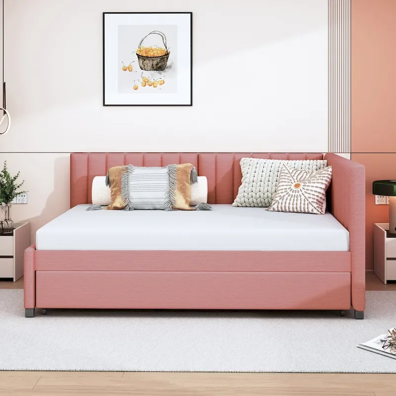 Full Size Upholstered Daybed with Trundle Sofa Bed Frame No Box Spring Needed, Linen Fabric, Beige