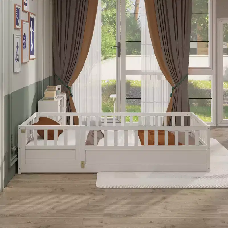 Okak Twin Size Floor Beds for Kids,Wooden Toddler Bed with Fence&Door,Children's Floor Bed for Girls,Boys,Pine Wood,White