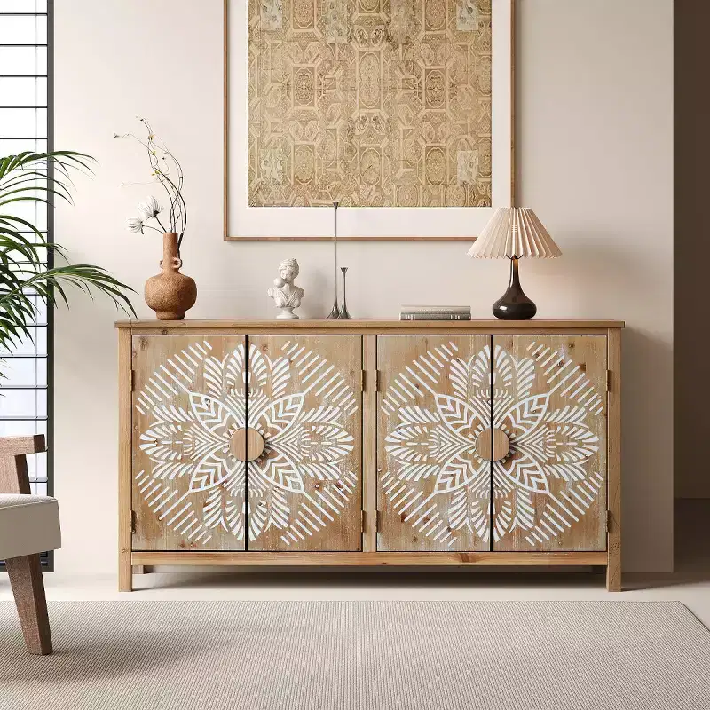 Boho Brown Sideboard Buffet Cabinet with 4 Doors & White Floral Mandala Pattern, 60