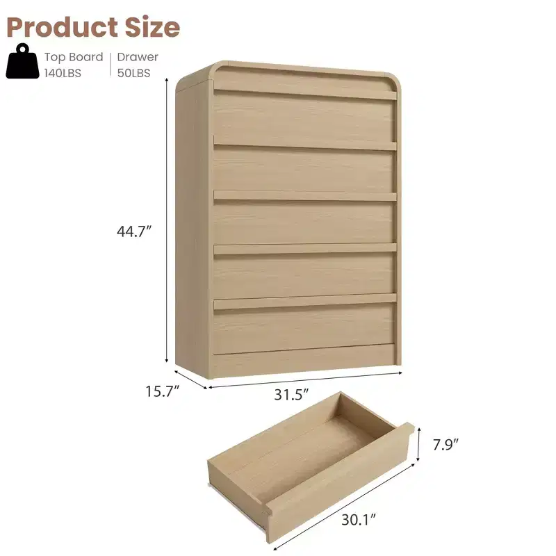 Acekool 5 Drawer Wooden Dresser, Curved Design Storage Organizer for Bedroom, Living Room, Entryway, Natural Oak