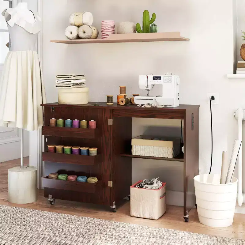 Costway Folding Sewing Machine Table Lockable Casters Rack with 3 Storage Bins & Power Outlets White/Natural/Brown/White+Natural