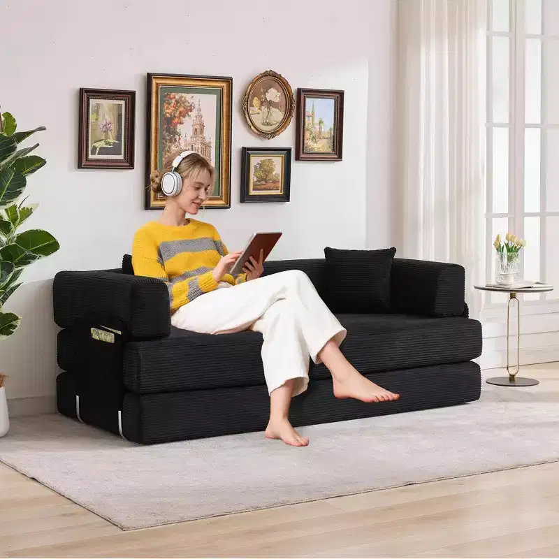 Sleeper Sofa Bed, 78.8 5-in-1 Folding Mattress Couch/Loveseat, Fixed-Shape Steel Frame, Corduroy with Pillows