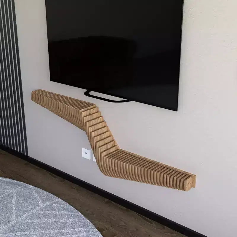Wear Sierra BATAMEX Parametric 57 inch Floating Shelf TV Unit Modern Geometric Wooden Wall Piece Decor Natural Oak Color 3D Wavy Living Room Shelf