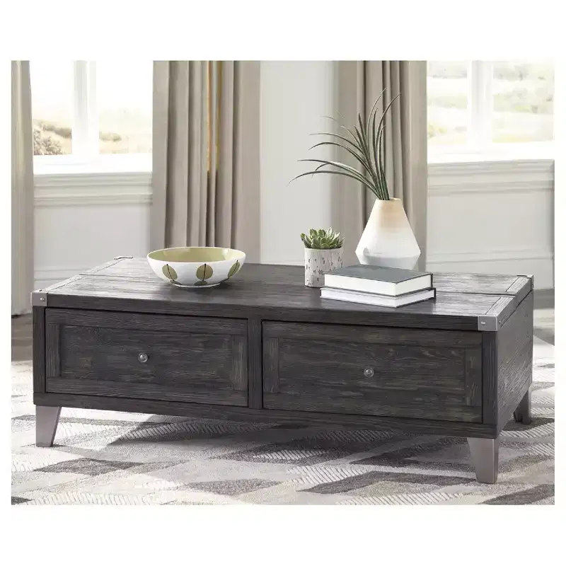 Signature Design by Ashley Todoe Lift Top Coffee Table, Dark Gray Rustic Industrial Cocktail Table with Two Storage Drawers and Removable Trays