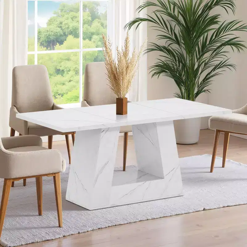 63 Inch Faux Marble Dining Table, 4-6 Seater Modern Table with Trapezoidal Legs for Dining Room