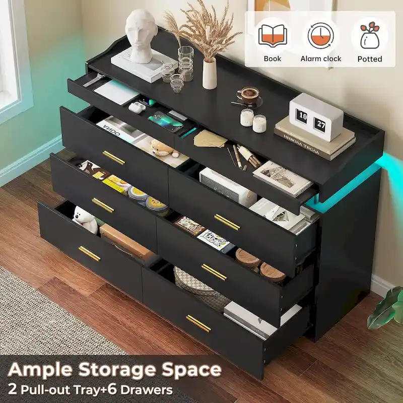 6 Drawer Dresser 2 Pull-Out Tray LED Light Chest of Drawers