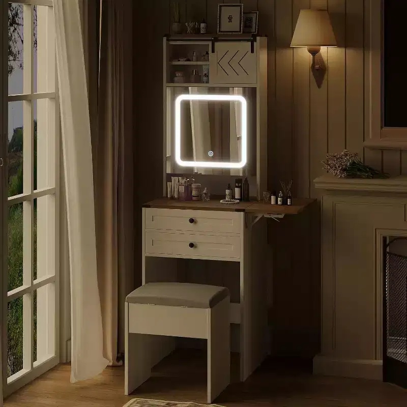 ELECWISH Vanity Desk with Mirror&Lights, Farmhouse Small Makeup Vanity with Fold Up Panel, 3 Light Modes, Storage Chair, Compact Dressing Table, White