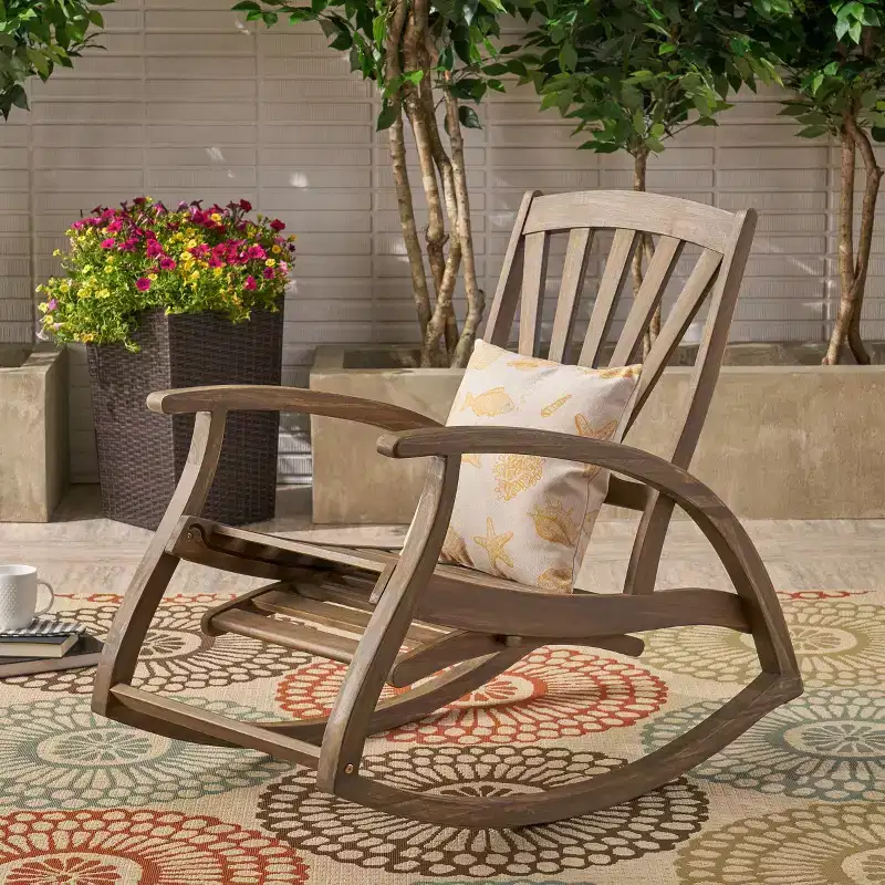Okak Outdoor Acacia Wood Rocking Chair with Retractable Foot Panel, Patio Accent Chair with Fixed Armrests, Patio Rocking Chairs for Porch, Gray