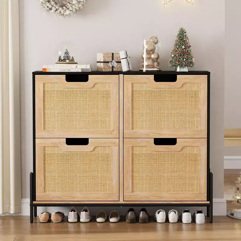 Natural Rattan Narrow Shoe Storage Organizer Cabinet with 4 Flip Drawers, Freestanding Shoe Rack with Metal Legs and Adjustable Shelf