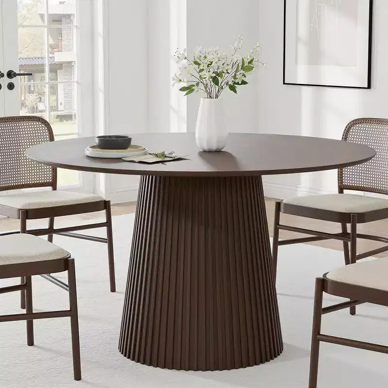 46 Round Dining Table for 6 People Modern Pedestal Table with Fluted Cone Base & Wood MDF Top for Small Space Kitchen Dining Room Cafe Walnut