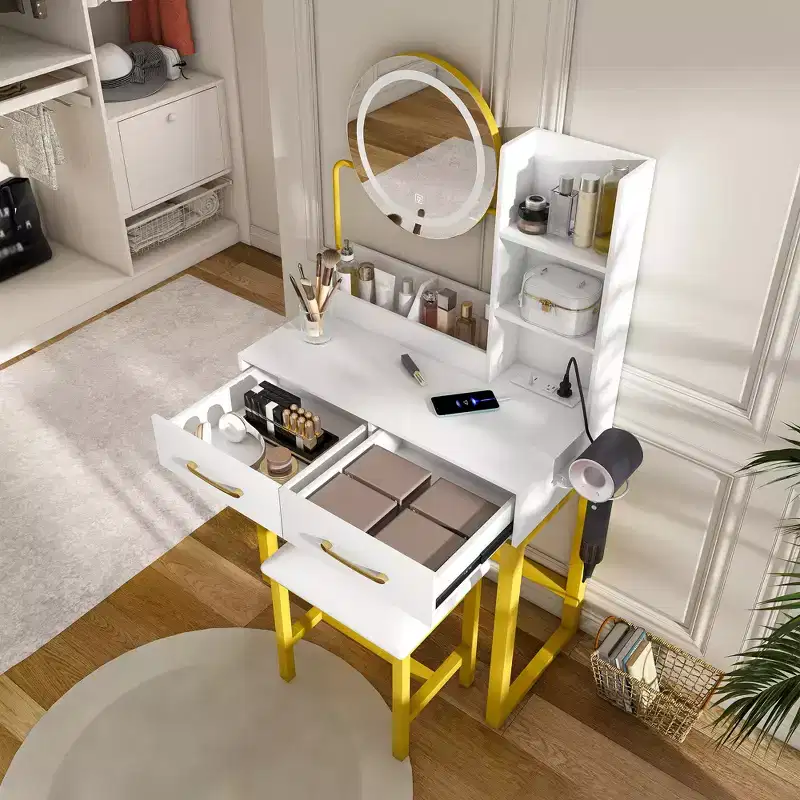 GDFStudio Rovan Modern Mirror Vanity Set with Adjustable LED, Power Outlet, Drawers and Open Shelves