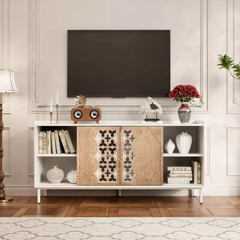 Clihome Sicotas Mid Century Sideboard Storage Rustic Sliding Door Solid Wood Cabinet for Living Room Decorative TV Buffet and Storage for TV Stand