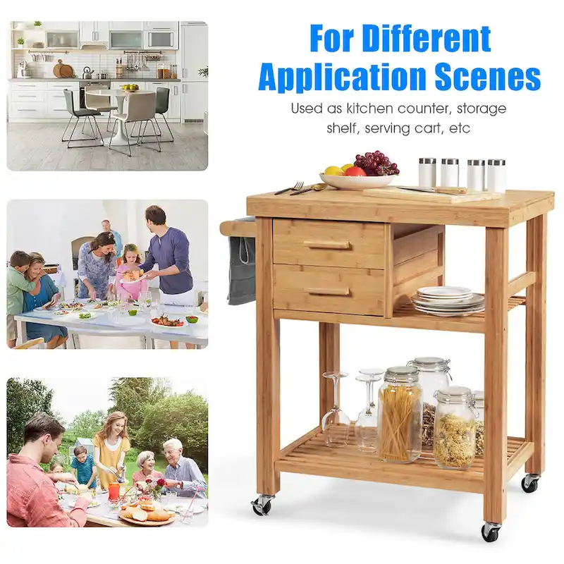 Costway Bamboo Kitchen Trolley Cart Wood Rolling Island w/ Tower Rack