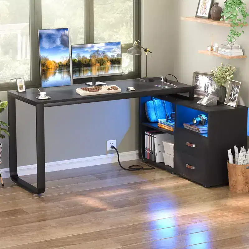 Besiost 62 L Shaped Computer Desk with File Drawer, LED Lights