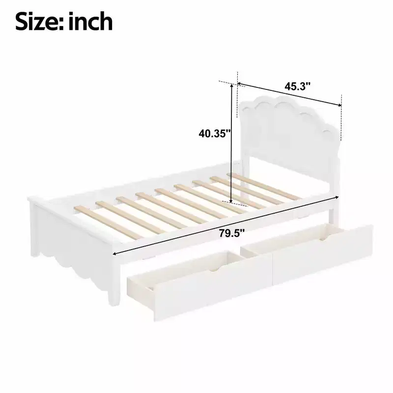 Modern Wood Platform Bed with Headboard and 2 Drawers, White
