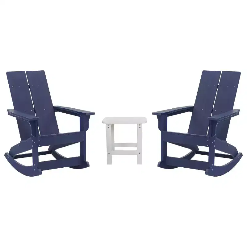 Flash Furniture Set of 2 Finn Modern Commercial Grade All-Weather 2-Slat Poly Resin Rocking Adirondack Chairs with Side Table