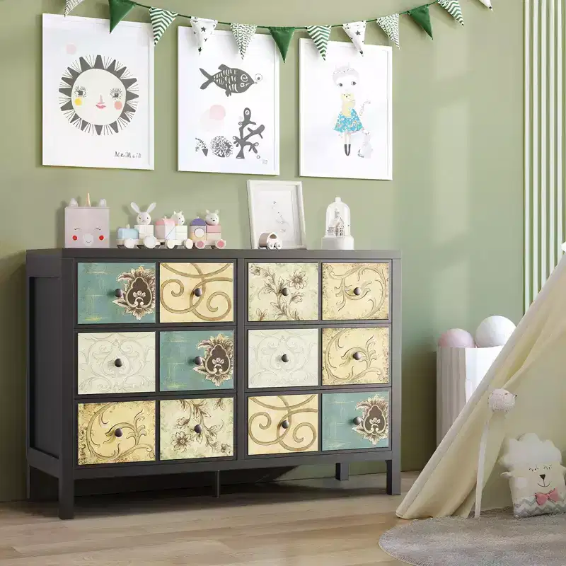 6 Drawers Dresser for Bedroom, Wood Rustic Chest of Drawers with Metal Handle, Retro Floral Pattern Drawer, Farmhouse Dresser