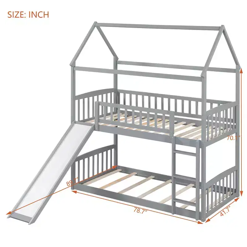 Twin Size House Bunk Bed with Slide, Kids Twin House Bed Frame with with Roof and Guardrails, Gray