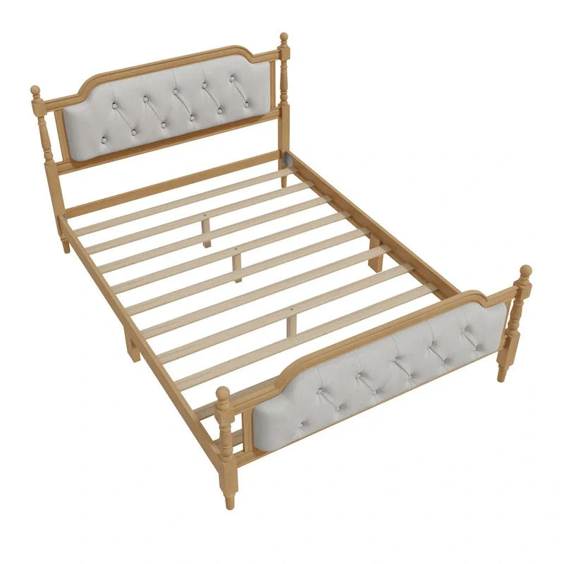 Solid Wood Bed Frame with Upholstered Tufted Headboard – No Box Spring Needed