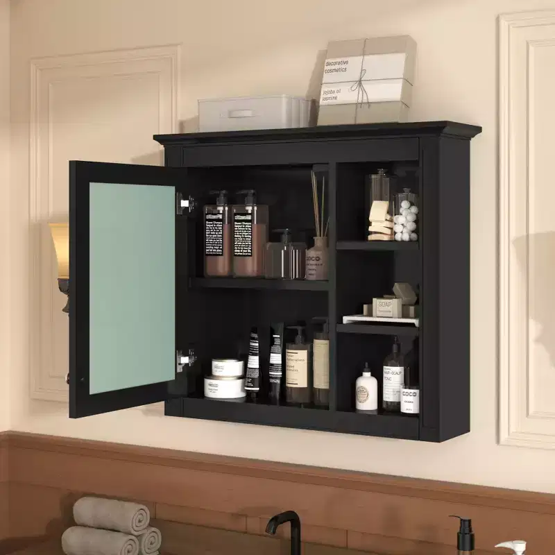 FAMYYT 30 in. W x 28 in. H Rectangular MDF Board Surface Mount Bathroom Medicine Cabinet with Mirror, Open Shelves