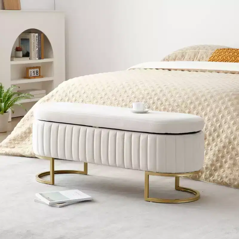 Okak 50IN Oval Storage Ottoman with Golden Metal Legs, Upholstered Entryway Bench, End Of Bed Storage Bench for Bedroom, Living Room