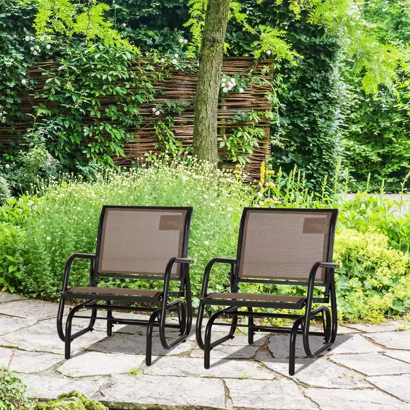 Outsunny 2 Piece Outdoor Glider Chair Set, Swing Chair with Breathable Mesh Fabric, Curved Armrests for Porch, Garden, Poolside, Balcony, Brown