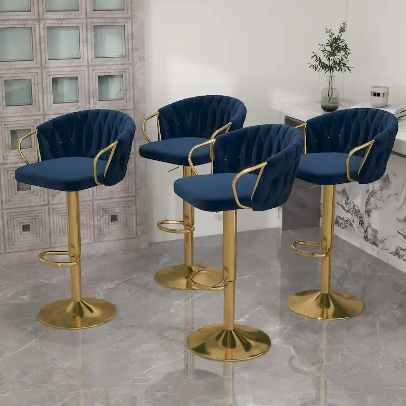 Set of 4 Bar Stool Adjustable Height Swivel Velvet Woven
