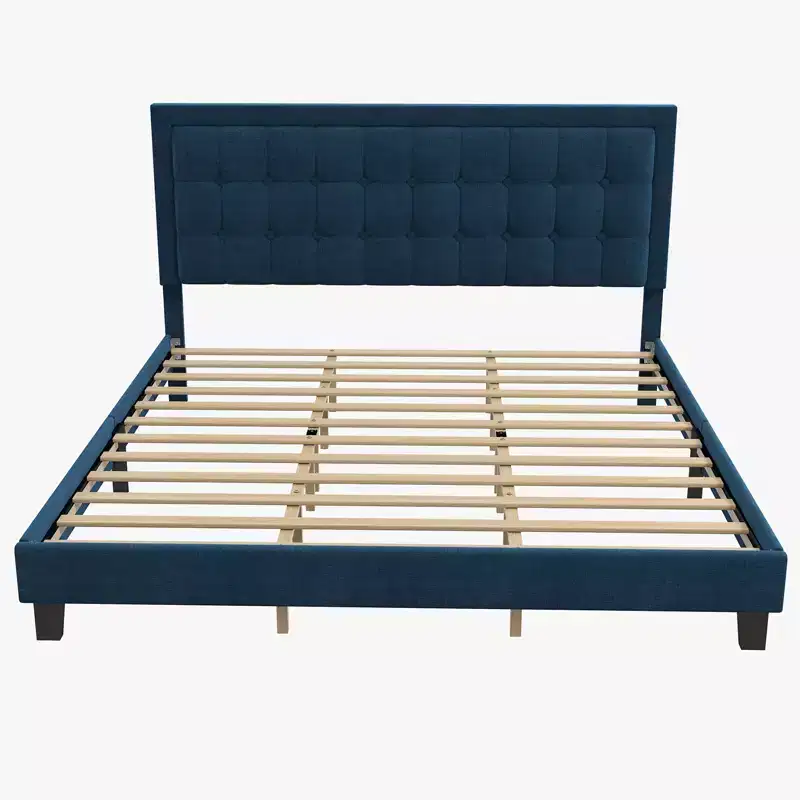 COZONY King Size Bed Frame with Upholstered Headboard, Wood Slat Support and Sturdy Metal Foundation for Bedroom