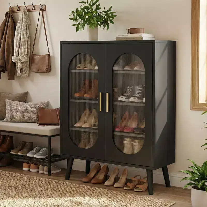 2-Door Sun Panel Elevated Shoe Cabinet with USB 7-Color LED, 4-Tier, 26.77 Inch Wide