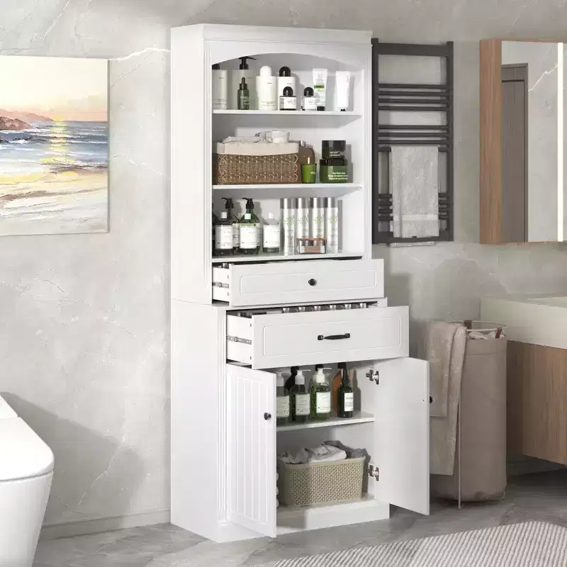 Matte White Bathroom Storage Cabinet with 3 Shelves, 2 Drawers & 2 Doors, Anti-Tipping