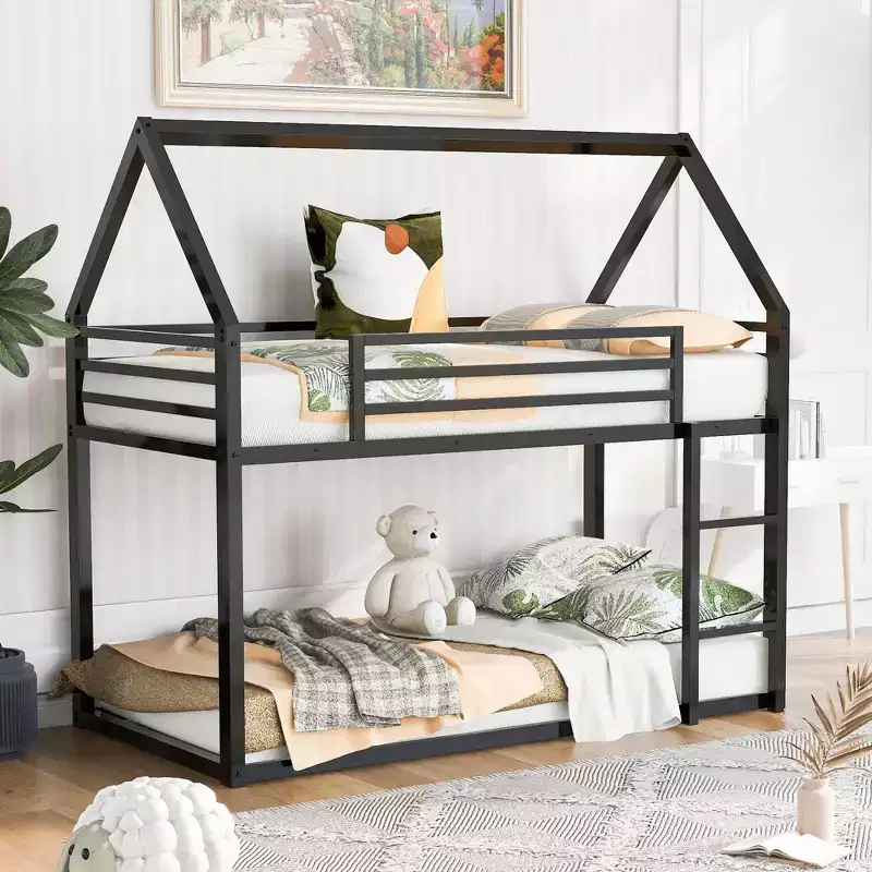Okak Twin over Twin Metal House Bunk Bed with Built-in Ladder Low Loft Bunk Bed with Safety Guardrail for Kids Teens, Easy Assemble