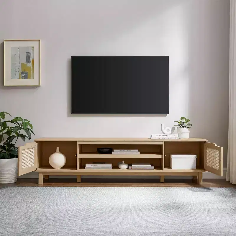 Modern Boho Storage TV Stand with Rattan Doors for TVs up to 80, Coastal Oak