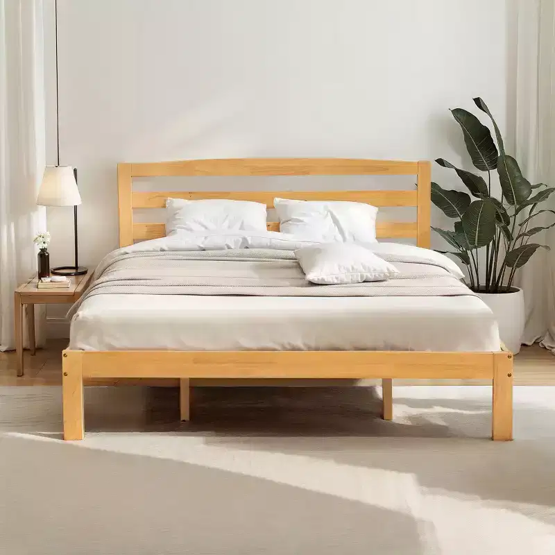 Subrtex Solid Wood Platform Bed with Headboard, Bed Frame with Wood Slat Support, Wood color