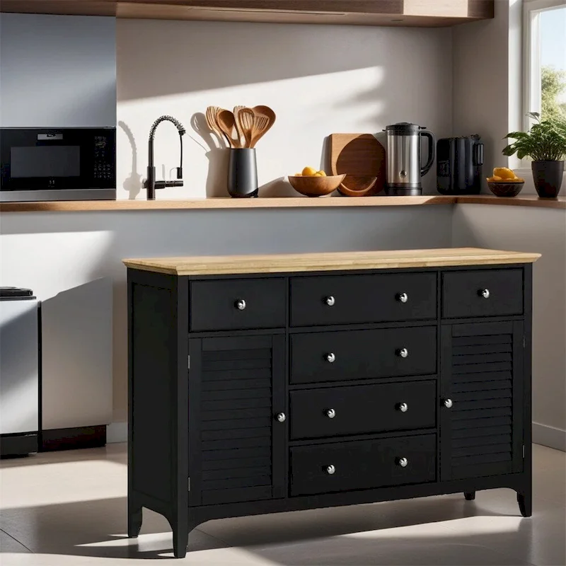 Black Wood Sideboard with 2 Cabinets & 6 Drawers, 1-Person Assembly