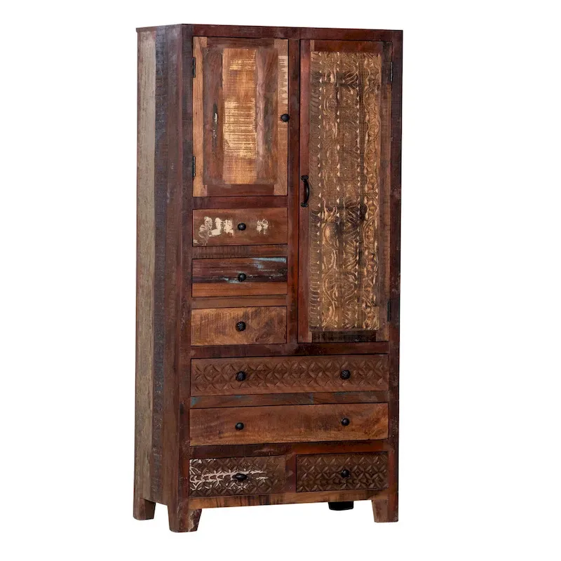 Antique White / Brown Solid Wood Armoire with 7 Drawers & 2 Doors