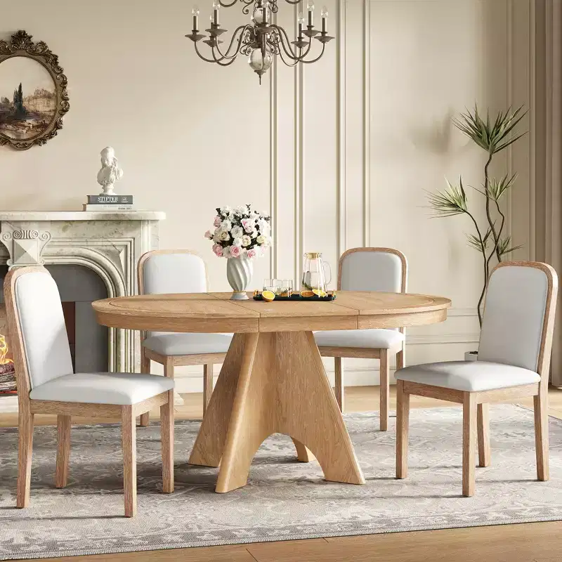 Extendable Dining Table Set for 6 with 4 Upholstered Chairs, Rustic Farmhouse Kitchen Table Set with Distressed Finish