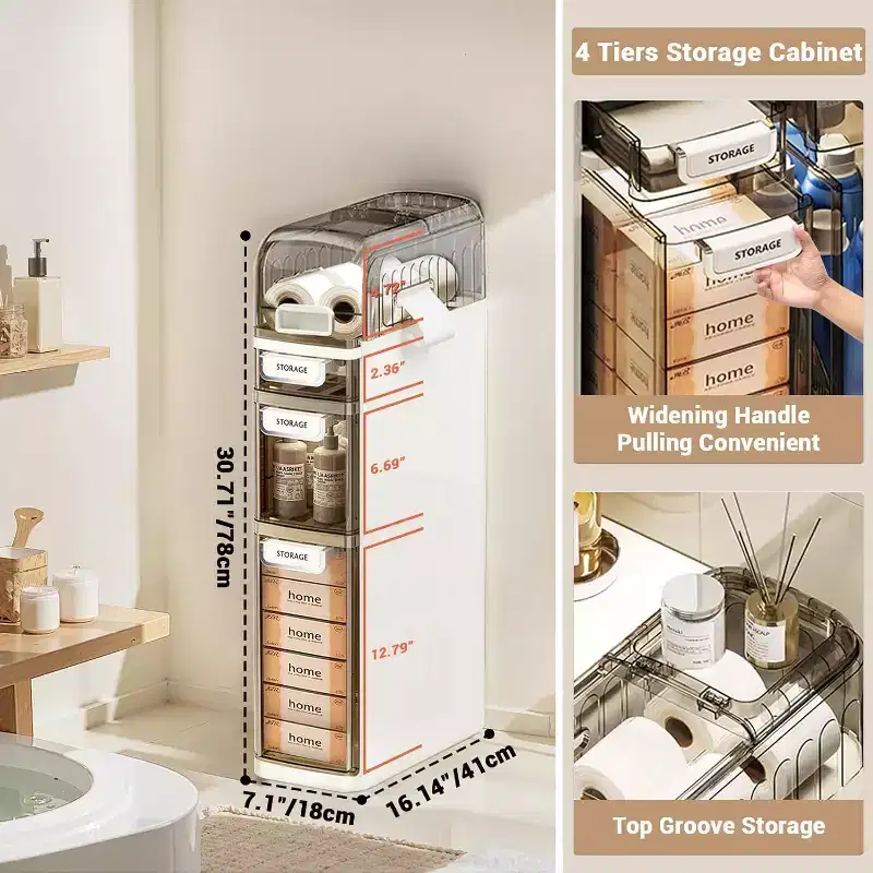 7 Ultra Narrow 4-Tier Bathroom Cabinet with Wheels & Drawers - Toilet Side Storage Organizer for Bathroom/Kitchen (White & Grey)