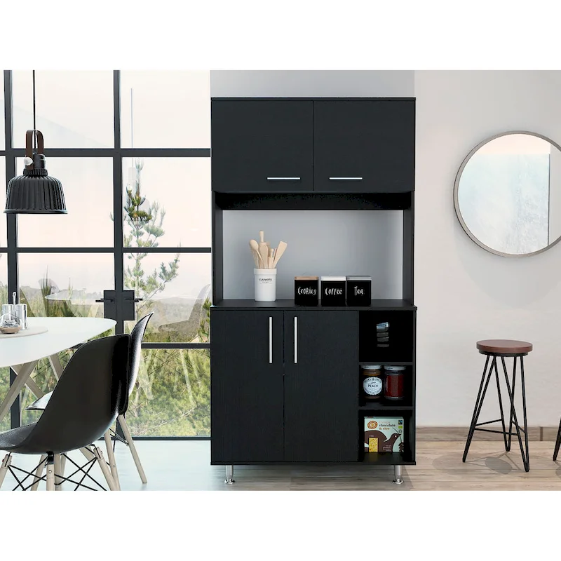Black / White Kitchen Pantry Cabinet with 2 Top Cabinets, 3 Open Shelves & Double Door Storage