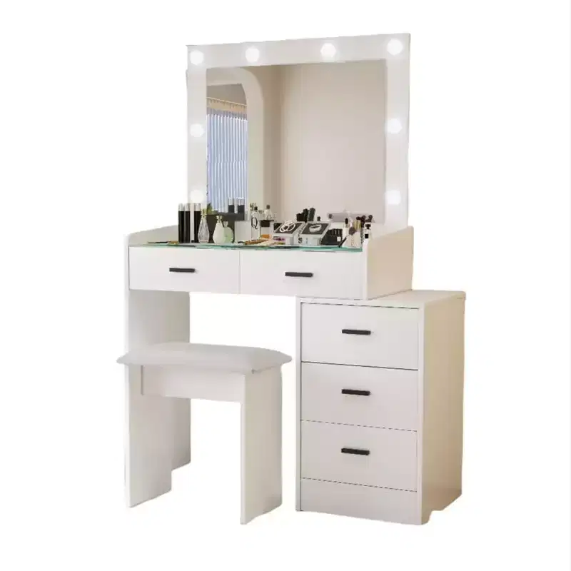 Makeup Vanity Table with Sliding Mirror & 3 Lighting Modes, Dressing Desk with Stool and 5 Drawers for Bedroom