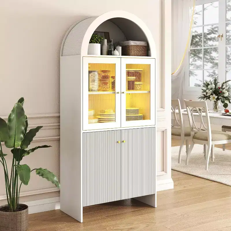 Zevemomo 69 Tall Arched 5-Tier Storage Cabinet with Lights for Kitchen, Living Room, Dining Room, Pantry, Bathroom White
