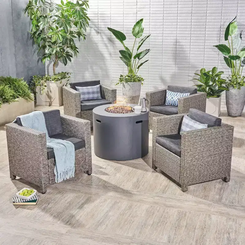 Christopher Knight Home Overton Outdoor Wicker 5 Piece Club Chair and Fire Pit Set with Cushions