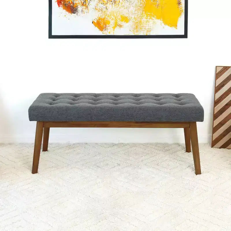 Modern 43-Inch Button-Tufted Fabric Upholstered Solid Wood Bench